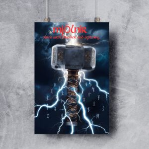 Entdecken Sie unser Poster "Mjölnir - Thors Hammer" für Liebhaber nordischer Mythologie und Wikingerkunst. Perfekt als Geschenkidee oder Wanddekoration. Text auf dem Poster: Mjölnir rises with thunder and lightning. Erwecken Sie die epische Schlacht von Ragnarök mit unserem faszinierenden Poster "Mjölnir - Thors Hammer" zum Leben. Dieses Kunstwerk fängt die Kraft und die mystische Bedeutung des mächtigen Hammers von Thor, dem Gott des Donners, ein. Inspiriert von nordischer Mythologie und der Wikingerkultur, ist dieses Poster nicht nur eine Wanddekoration, sondern auch ein Stück Geschichte und Legende für Ihr Zuhause. Das Motiv zeigt Thor's mächtigen Hammer, Mjölnir, in seiner ganzen Pracht, umgeben von Elementen, die an die apokalyptische Schlacht von Ragnarök erinnern. Die detaillierten Illustrationen und die kraftvolle Symbolik machen dieses Poster zu einem idealen Geschenk für Liebhaber nordischer Mythologie und Wikingerkunst.